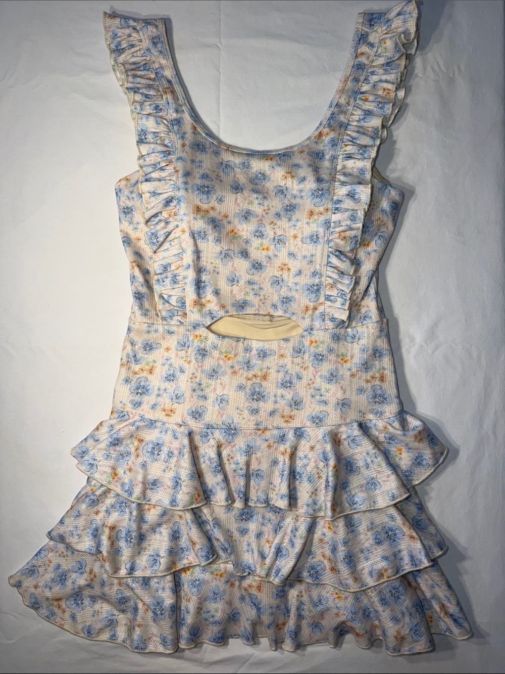 TCEC Blue and Cream Floral Ruffle Tiered Athletic Dress